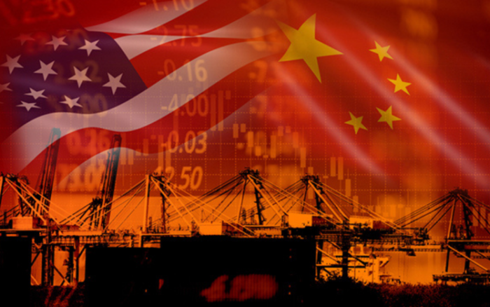 USA and China trade war economy conflict tax business finance money / United States raised taxes on imports of goods from China on industry container ship in export and import logistics background