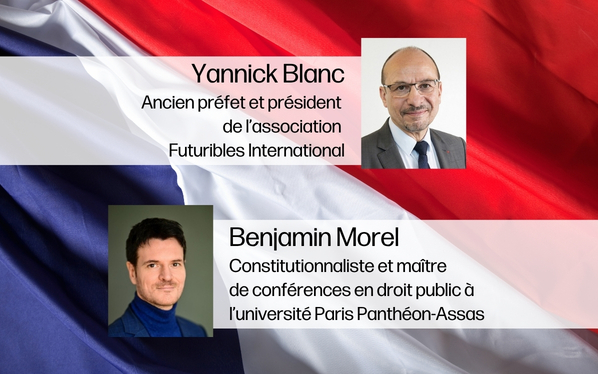 Drapeau de la France flottant avec les portraits de Yannick Blanc, ancien préfet et président de l'association Futuribles et Benjamin Morel, constitutionnaliste et maître de conférence en droit public à l'université Paris Panthéon-Assas.