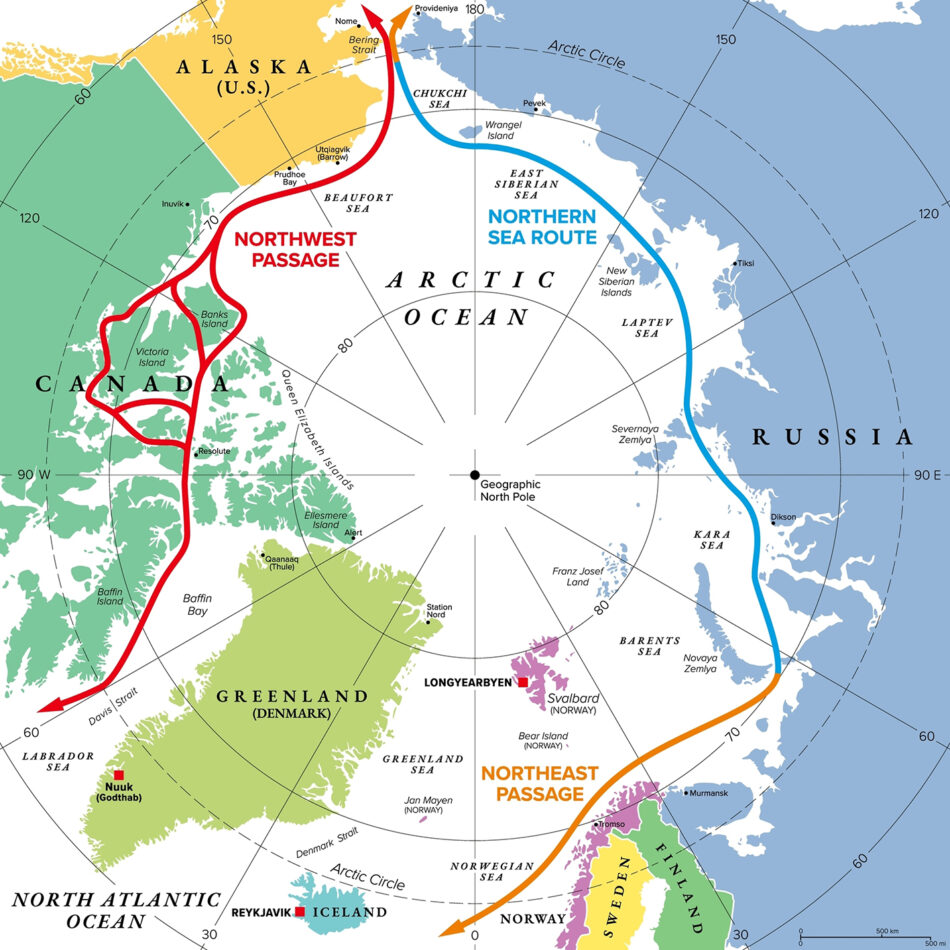 Carte politique multicolore des routes maritimes de l'océan Arctique. Le passage du Nord-Ouest et le passage du Nord-Est, ainsi que la route maritime du Nord. Routes maritimes empruntées par les navires pour traverser l'Arctique.