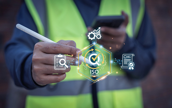 Ingénieur de construction utilisant un stylet numérique sur smartphone avec des icônes d'interface de certification de contrôle de qualité ISO virtuelle. Gestion de la vérification de la Validation, Assurance de la qualité, Audit numérique