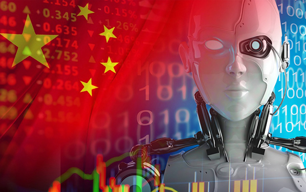 Une tête de cyborg futuriste superposée au drapeau national chinois, à un code binaire numérique et à des graphiques représentant les fluctuations des marchés financiers. Cette image illustre l'intégration ambitieuse de l'intelligence artificielle et de la robotique de pointe dans les infrastructures étatiques et l'économie mondiale.